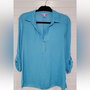 Lilly Pulitzer Size Medium Top Satin Coastal Preppy Beach Vacation Glam Henley